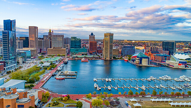 An aerial view of Baltimore. Baltimore disability advocates at Mathis & Mathis are available to help people win disability benefits.