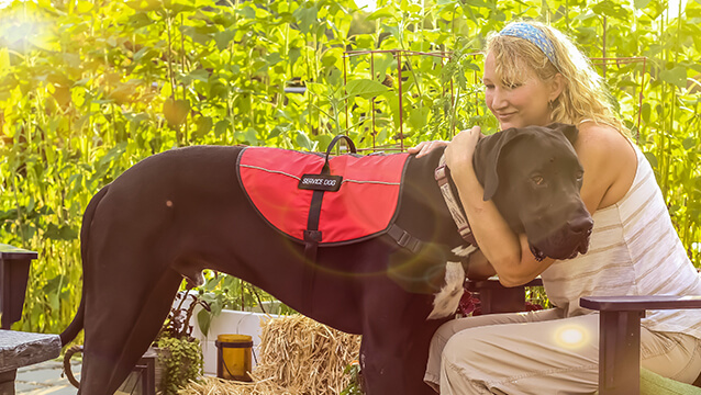 A woman sits in an outdoor patio, hugging a large service dog. You can get Social Security Disability (SSD) for multiple sclerosis.